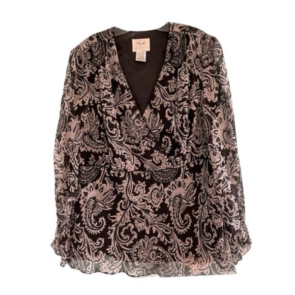 Vision Apparel Silk Beaded Blouse Black White Paisley Print Ruffle V-Neck 2X - Picture 1 of 7